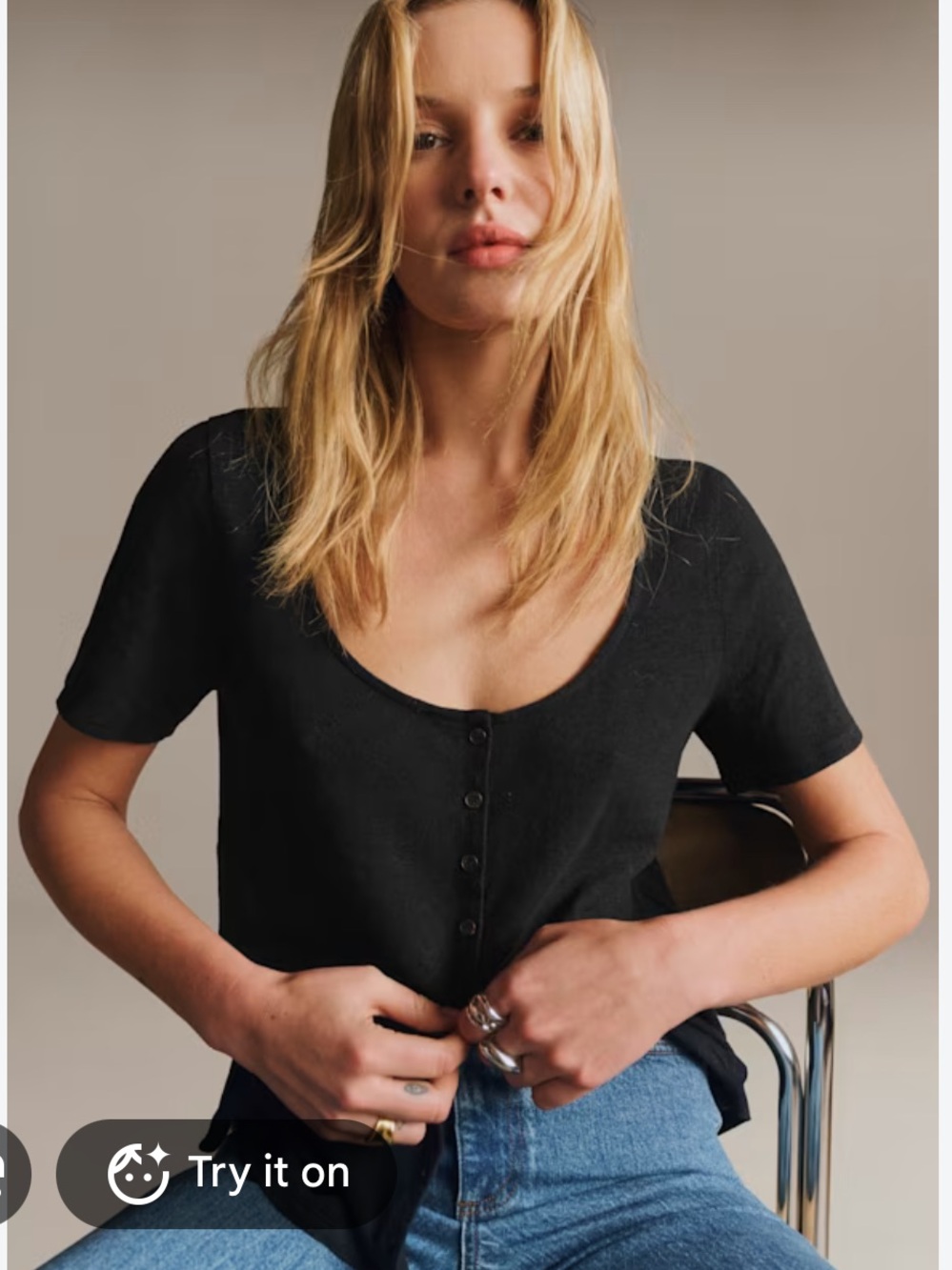 Sezane Milo Black Scoop-Neck Button-Front Top